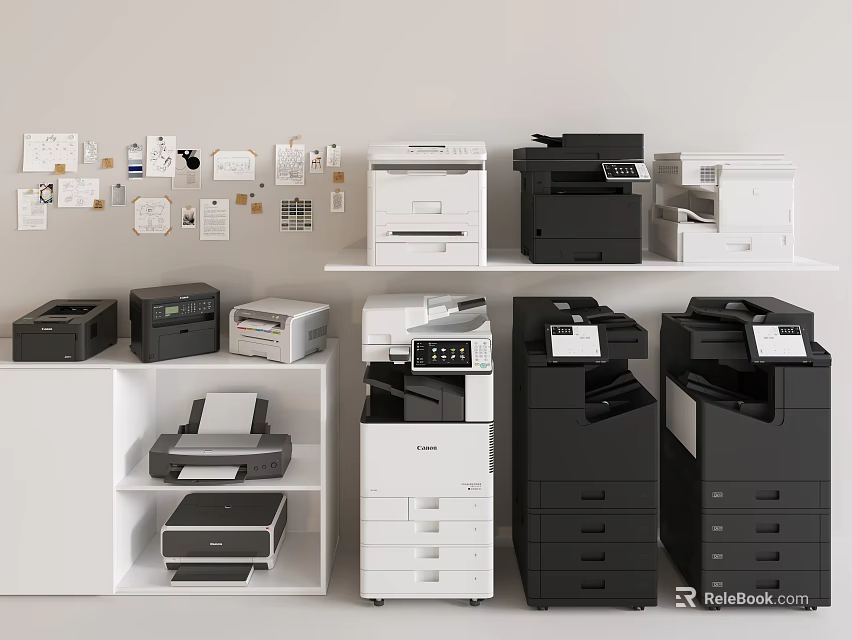 Various Office Appliances For Office Setup With Multifunctional Printers Copiers Black White Models Shelf 3d model 