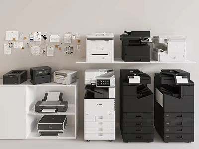 Various Office Appliances For Office Setup With Multifunctional Printers Copiers Black White Models Shelf 3d model