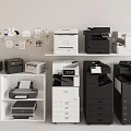 Various Office Appliances For Office Setup With Multifunctional Printers Copiers Black White Models Shelf 3d model