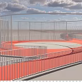 Circular Garden Ornament With Red Flooring Metal Railings And Layered Design