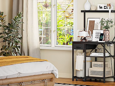 Black Storage Shelf Unit With Wheels Featuring Decorative Items And Storage Baskets In Bedroom 3d model