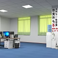Public Office Area With Office Desks Computer Monitors Office Chairs Blue Carpet And Green Curtains
