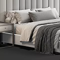Modern Double Bed With Soft Upholstered Headboard Nightstands Gray Pillows And Beige Throw Blanket
