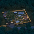 Aerial View Planning of Forest Surrounded Site with Building Swimming Pool and Outdoor Leisure Area