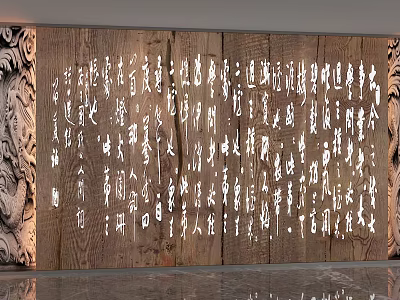 Wooden Background Wall With Intricate Carved White Characters And Natural Grain 3d model