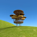 Road Infrastructure With Multi Storey Bamboo Building And Thatched Roof On Green Hillside Grassland