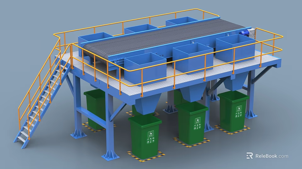 Industrial Sorting Equipment With Platform Blue Bins Green Trash Bins Staircase And Railing 3d model 