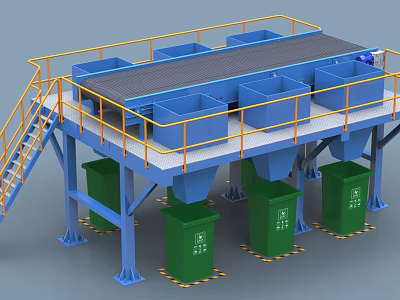 Industrial Sorting Equipment With Platform Blue Bins Green Trash Bins Staircase And Railing 3d model