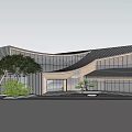 Modern Architectural Building With Curved Roof Glass Facade And Green Plants