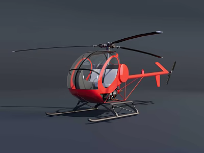 Red Helicopter With Clear Cockpit Black Rotors And Landing Skids On Dark Gray Background 3d model