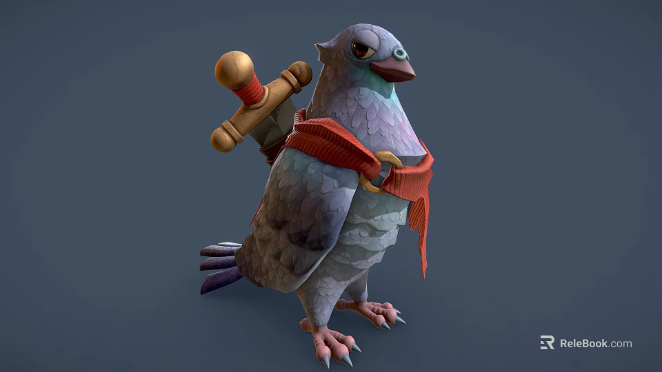 Fantasy Pigeon Character Design With Wooden Hammer And Red Sash 3d model 