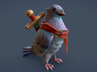 Fantasy Pigeon Character Design With Wooden Hammer And Red Sash 3d model