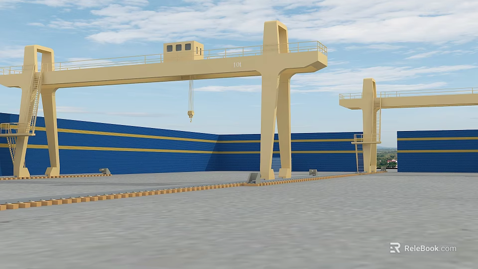 Industrial Gantry Crane Equipment With Yellow Beam Structure And Blue Industrial Building Background 3d model 