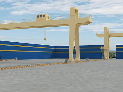 Industrial Gantry Crane Equipment With Yellow Beam Structure And Blue Industrial Building Background 3d model