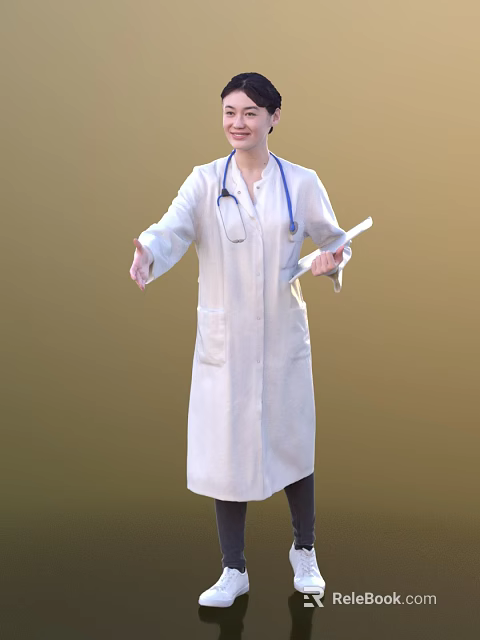 Woman Doctor In White Coat With Stethoscope Holding Medical Folder On Brown Background 3d model 