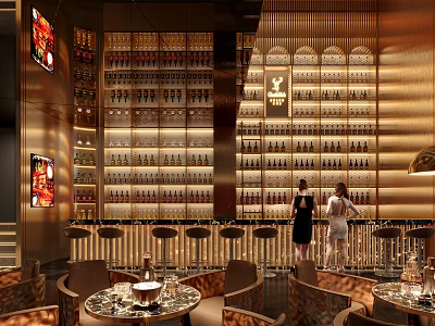 Luxury Bar Interior With Extensive Wine Displays And Elegant Seating 3d model