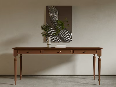 Wooden Desk With Three Drawers Green Plant White Vase Books And Abstract Painting Above 3d model