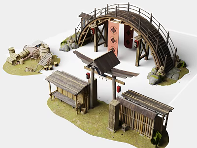 Traditional Japanese Scenic Model With Wooden Bridge Gate Pavilion And Lanterns 3d model