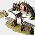 Traditional Japanese Scenic Model With Wooden Bridge Gate Pavilion And Lanterns