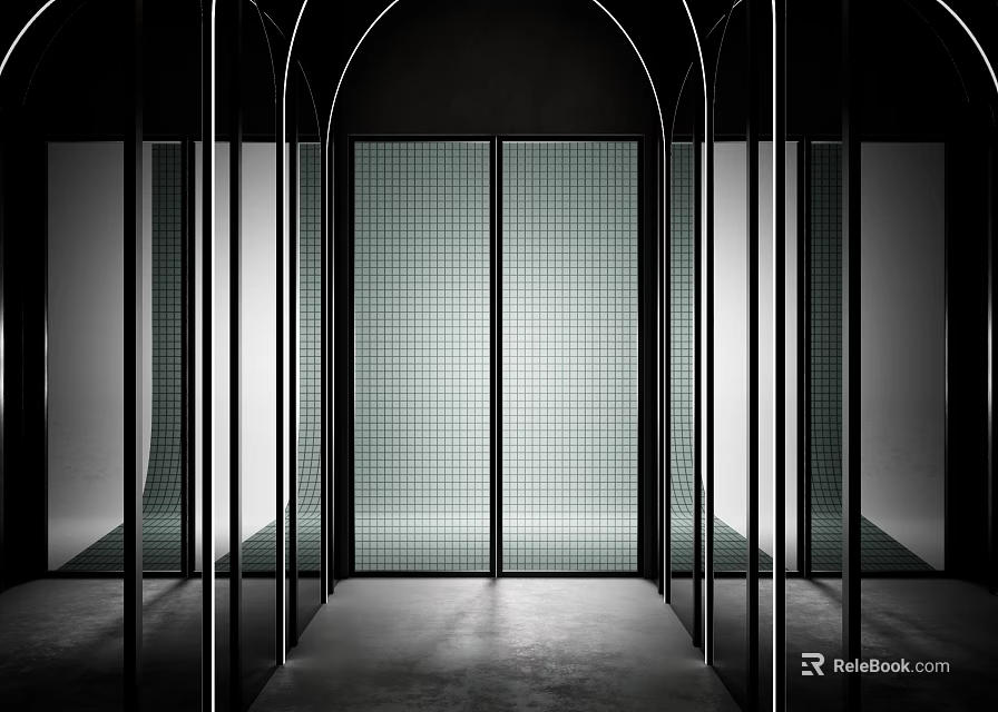 Modern Interior With Multiple Glass Partitions Featuring Grid Pattern And Arched Design 3d model