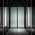 Modern Interior With Multiple Glass Partitions Featuring Grid Pattern And Arched Design 3d model