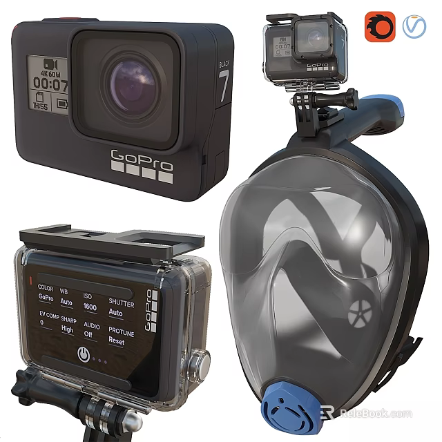GoPro Action Camera Accessories Bundle with Waterproof Case Dive Mask Mount and Control Screen 3d model