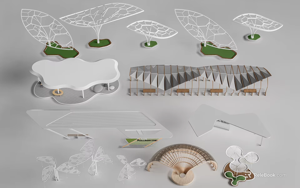 Modern Architectural Models Featuring Various Shaped Leaf-like Curved And Wooden Design Structures 3d model