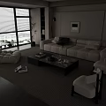 Modern Living Room Sofa And Coffee Table Combination With Large Windows Blinds And Area Rug