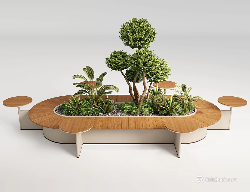 Stylish Outdoor Chair In Garden Setting With Green Plants Small Trees And Round Tables 3d model 