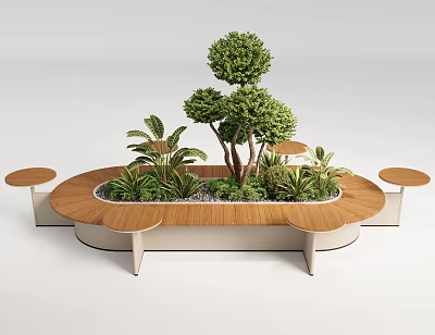 Stylish Outdoor Chair In Garden Setting With Green Plants Small Trees And Round Tables 3d model