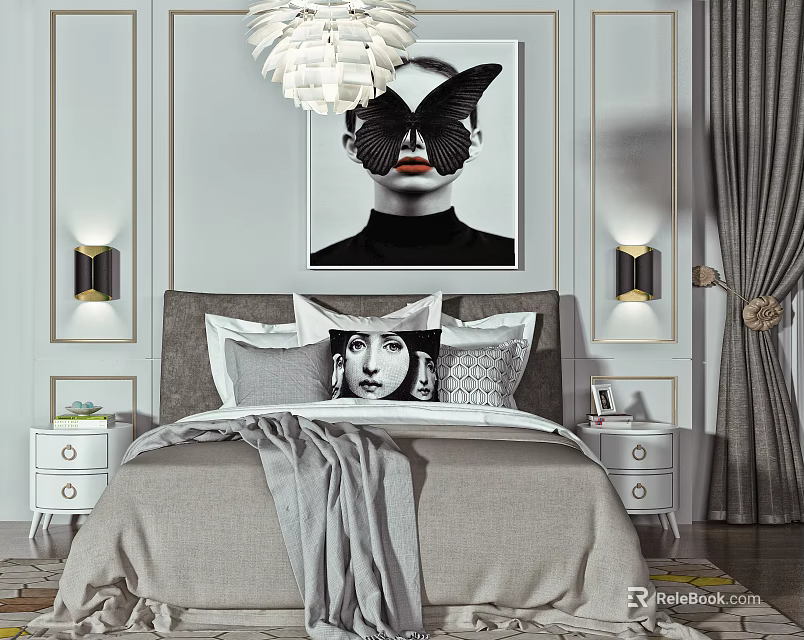 Modern Double Bed in Bedroom Interior with Gray Bedding Decorative Painting and Wall Sconces 3d model 