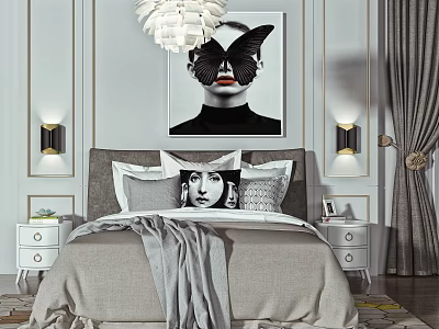 Modern Double Bed in Bedroom Interior with Gray Bedding Decorative Painting and Wall Sconces 3d model