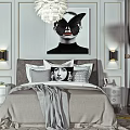 Modern Double Bed in Bedroom Interior with Gray Bedding Decorative Painting and Wall Sconces