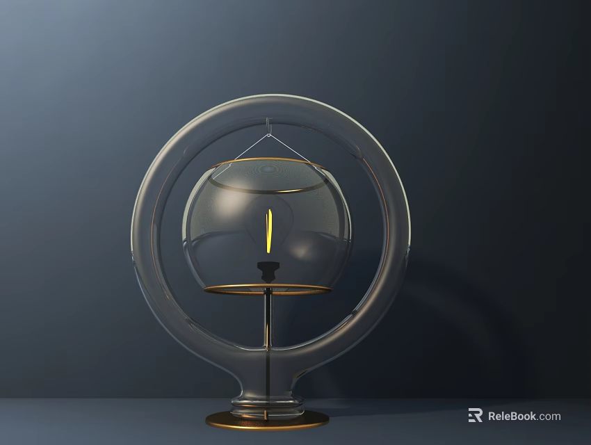 Transparent Circular Table Lamp With Glass Sphere And Gold Base On Dark Background 3d model 