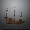 Vintage Wooden Sailing Ship Model With Multiple Masts And Detailed Rigging