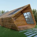 Slanted Wooden House With Solar Panels On Roof And Front Steps Pathway