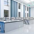 Modern Conference Room With Digital Blue Tech Display White Chairs Meeting Tables And Bright Lighting