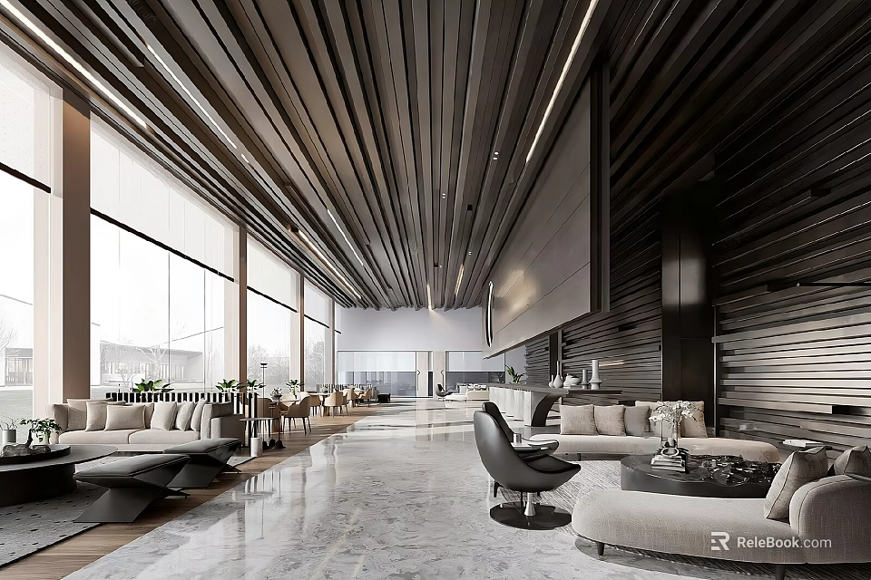 Modern Leisure Area With Wooden Ceiling Light Colored Sofas Round Coffee Tables And Marble Floor 3d model 