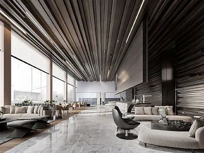 Modern Leisure Area With Wooden Ceiling Light Colored Sofas Round Coffee Tables And Marble Floor 3d model