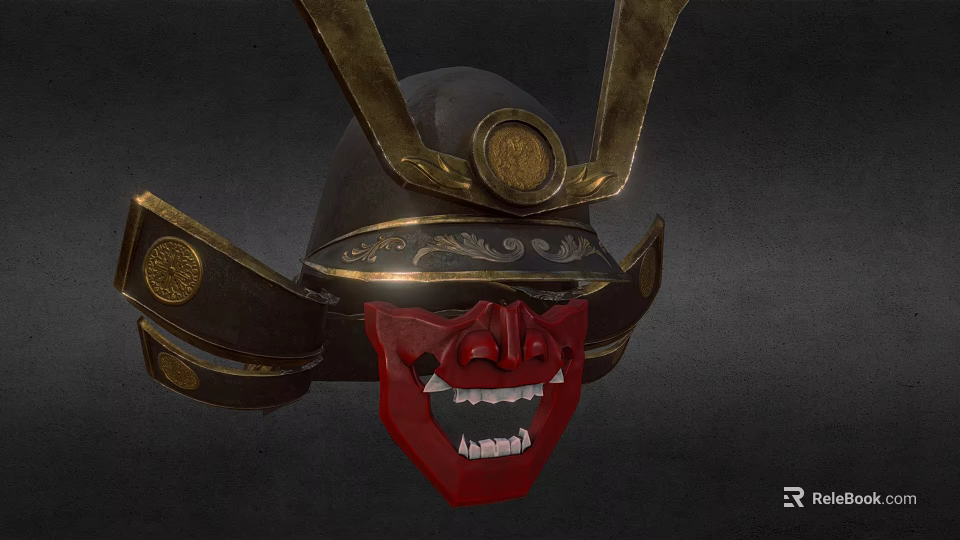 Ornate Traditional Samurai Helmet With Golden Decorations And Red Mask Design 3d model 