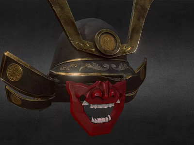 Ornate Traditional Samurai Helmet With Golden Decorations And Red Mask Design 3d model