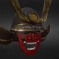 Ornate Traditional Samurai Helmet With Golden Decorations And Red Mask Design