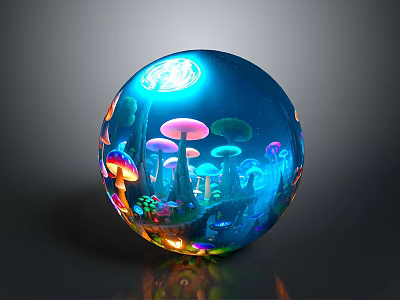 Decorative Ornament Set Blue Sphere Mushroom Design Colorful Light Reflection Glass Craft for Home Decor 3d model
