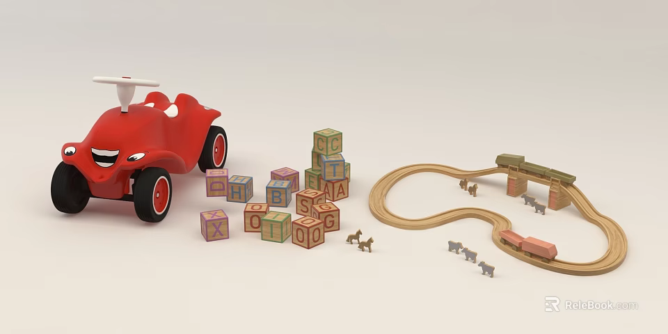 Colorful Building Blocks With Red Toy Car Wooden Track And Small Ponies 3d model 
