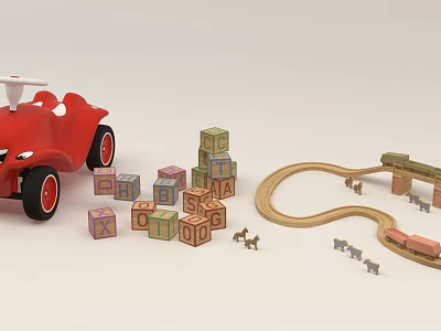 Colorful Building Blocks With Red Toy Car Wooden Track And Small Ponies 3d model