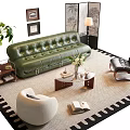 Green Leather Tufted Sofa And Coffee Table Set With Area Rug Plant And Accent Chair