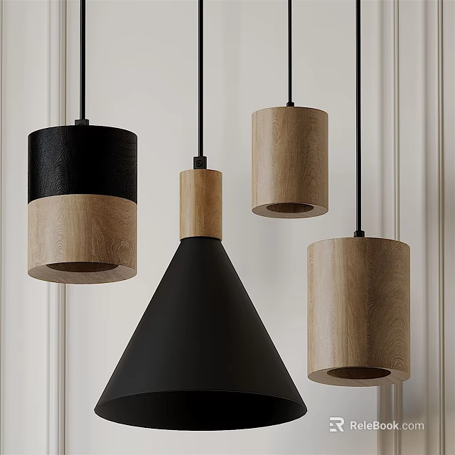 Modern Pendant Lights With Black And Wooden Cylindrical Conical Design For Interior 3d model 
