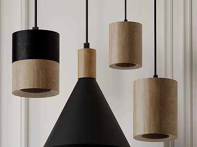 Modern Pendant Lights With Black And Wooden Cylindrical Conical Design For Interior 3d model