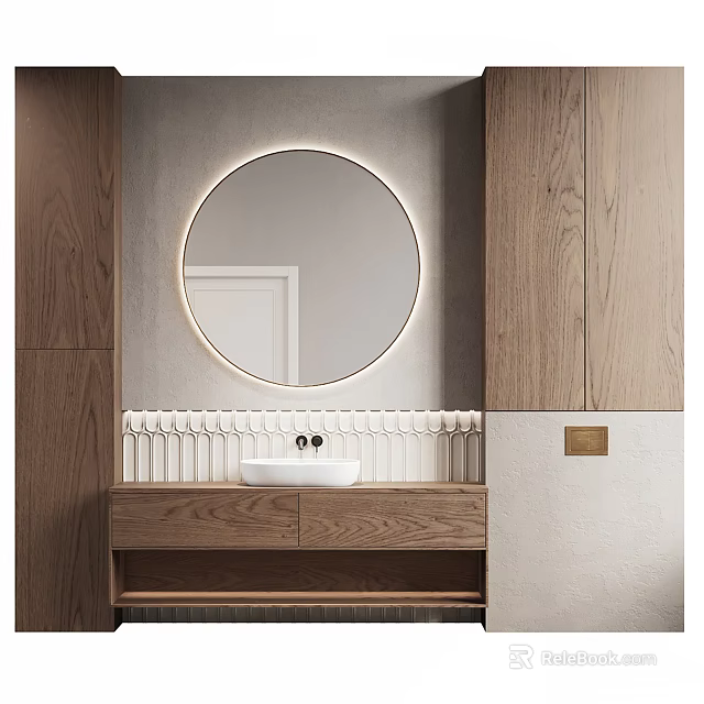 Elegant Modern Bathroom Interior Design With Round Mirror White Sink And Wooden Cabinets 3d model 