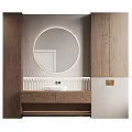 Elegant Modern Bathroom Interior Design With Round Mirror White Sink And Wooden Cabinets